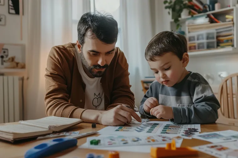 Father explaining a chore chart to child